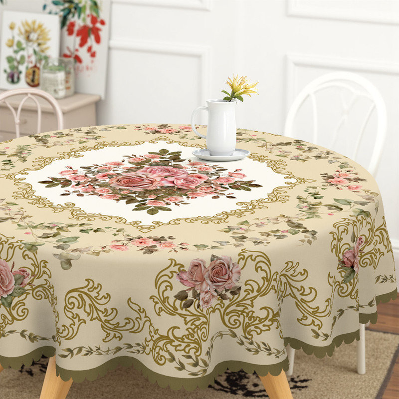 Champagne-colored washable polyester tablecloth with pink rose pattern