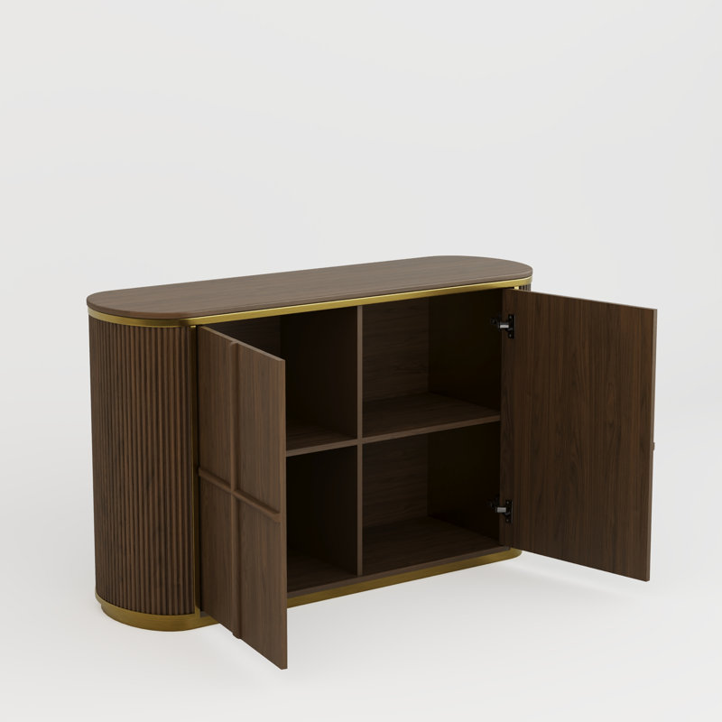 50" Mid-Century Modern Fluted Sideboard, Solid Wood Buffet Cabinet with Brushed Gold Stainless Steel Accents, Walnut