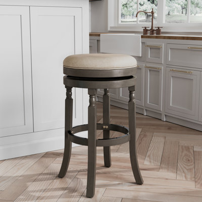 Tabouret de bar de 30 po avec finition grise patinée, rembourrage de siège en tissu beige, bois franc, rotation à 360 degrés, mousse confortable, repose-pieds de 12 po, capacité de chaleur de 300 lb - Ajoutez du confort à votre pivot pivotant à 360 °