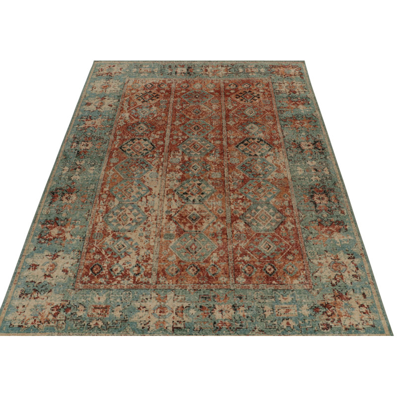 Rug & Kilim’S Distressed Rug In Rust, Beige And Teal Tribal Medallions, Rectangle 5' x 7'