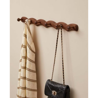 Wood Coat Rack Wall Mount - Walnut Coats Hook Hanger Wall-Mounted, Wave-Shaped Entryway Hanging Racks with 6 Hooks for Jacket Keys Hats Robes Towels Bags, Living Room Mudroom Bathroom Bedroom Hallway
