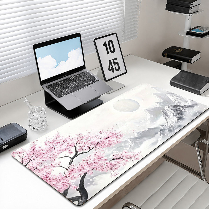  Tapis de souris en caoutchouc, surface en microfibre lisse, base antidérapante, tapis de souris décoratif à bord arrondi pour le bureau et les jeux, 17 x 47 po, rose Sakura Mountain Art