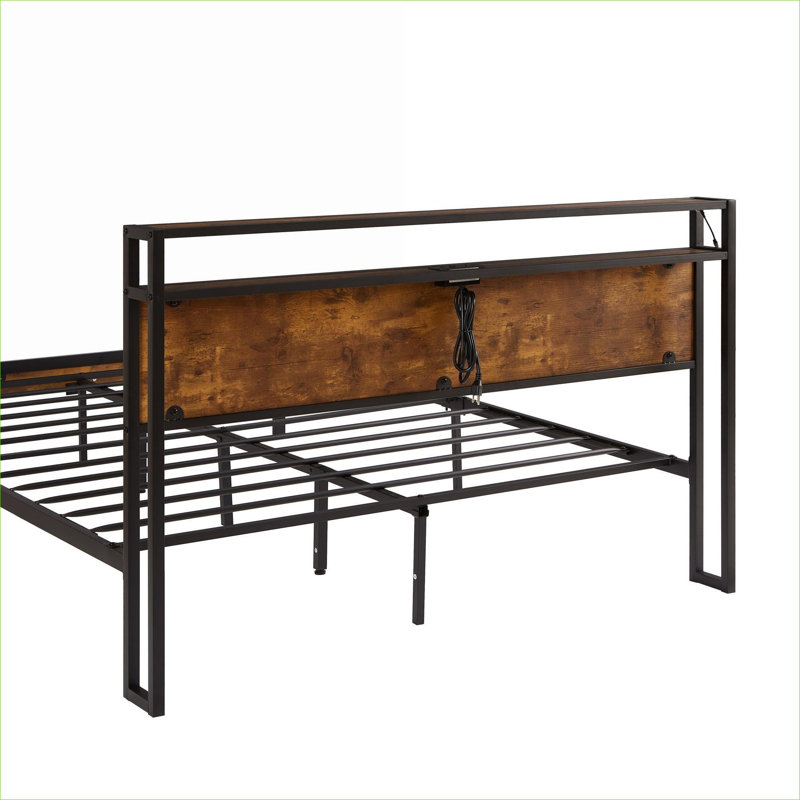Modern Full Size Platform Bed Jet Black Metal with LED Lights Wooden Headboard Under-Bed Storage for Bedroom