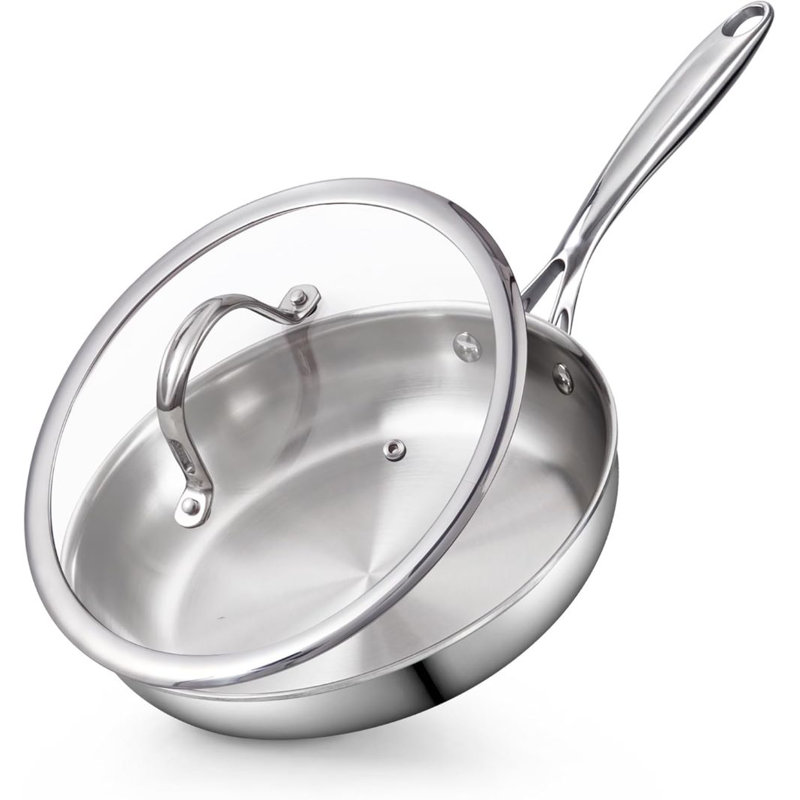 Poêle à frire en acier inoxydable de 12 pouces avec couvercle en verre, poêle de cuisine Everok Wok, poignée Stay-Cool, batterie de cuisine compatible avec induction, va au lave-vaisselle