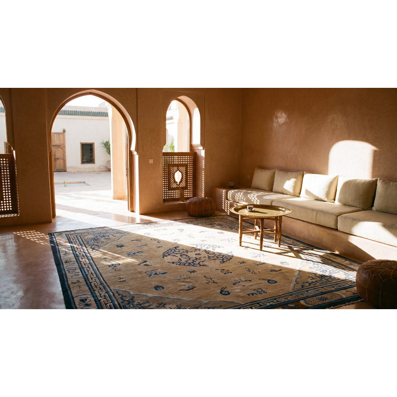 Antique Square Room Size Ivory and Blue Chinese Ningxia Rug