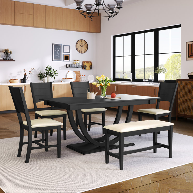 Ensemble de table de salle à manger en bois 6 pièces, ensemble de table de cuisine avec un banc et 4 chaises, Grey, Grey