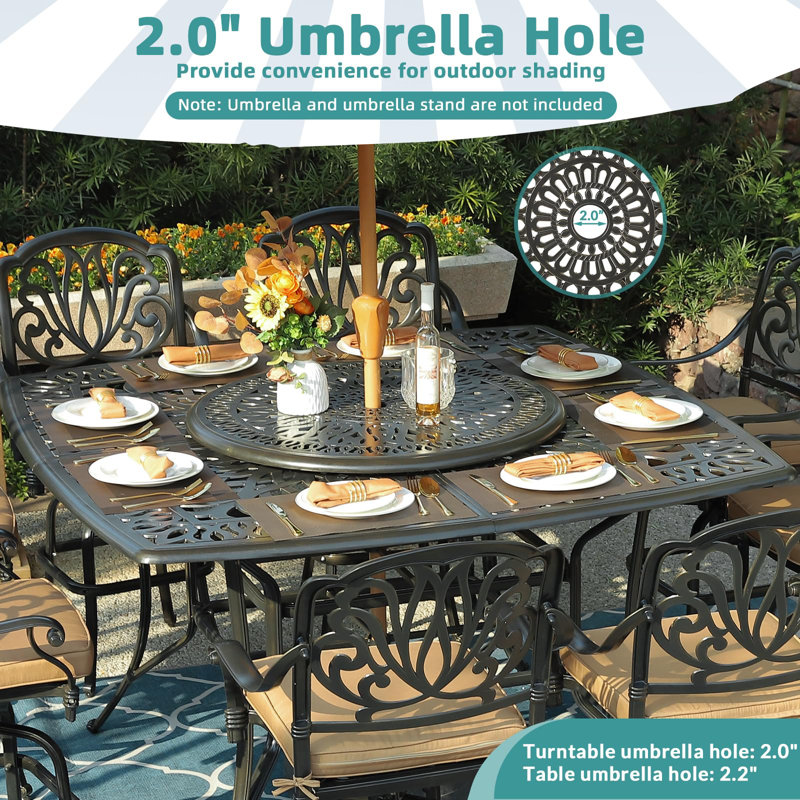  10-piece Outdoor Bar Set, All Weather Cast Aluminum Patio Bar Furniture With 8 Cushioned Swivel Bar Stools, Large 64" Square Patio Bar Height Table With Detachable Lazy Susan, 2" Umbrella Hole