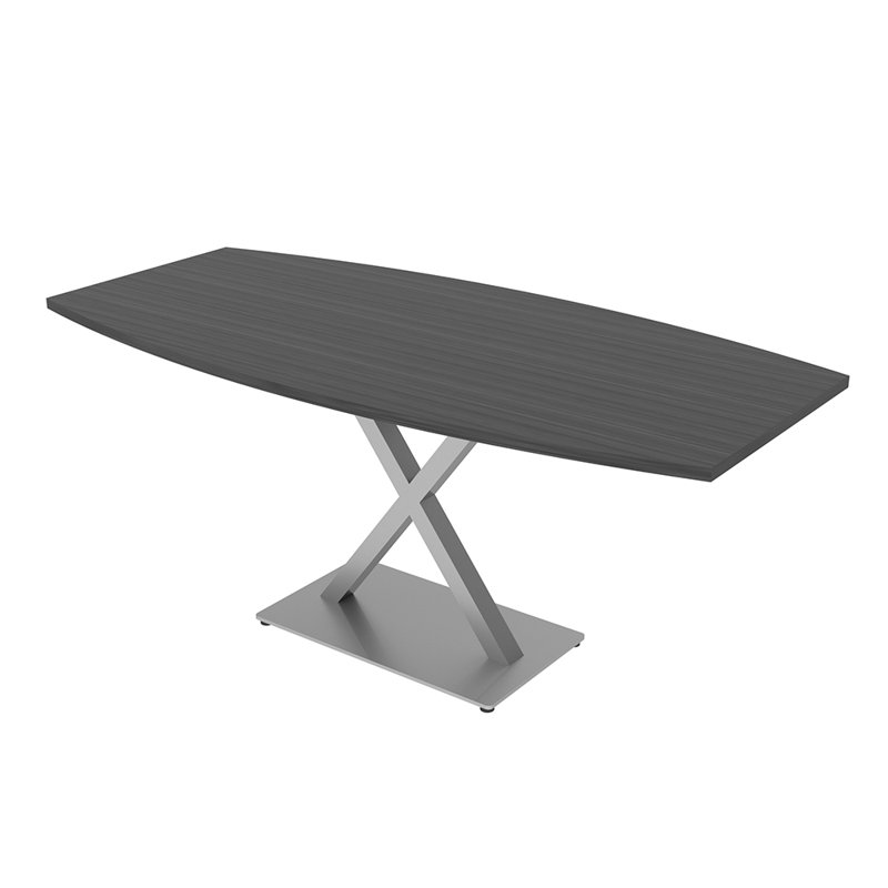 Table de conférence en forme de bateau avec base en X en métal, L 72 po x l 36 po, Nuit asiatique, Argent argent