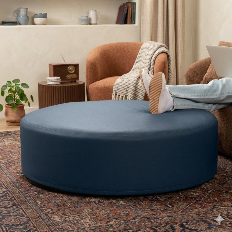 Latitude Run® Candler Round Couch Ottoman – Oversized Giant Coffee Table & Foot Rest, 44”, Oxford Blue