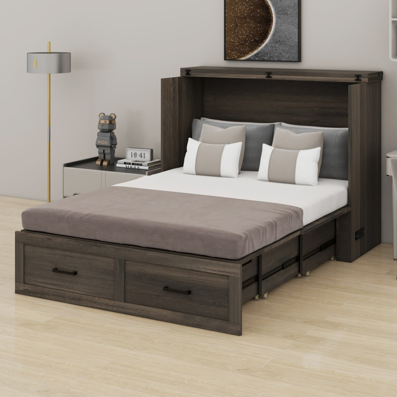 Lit escamotable avec lit plateforme escamotable et grand tiroir de rangement Murphy, Gris rustique