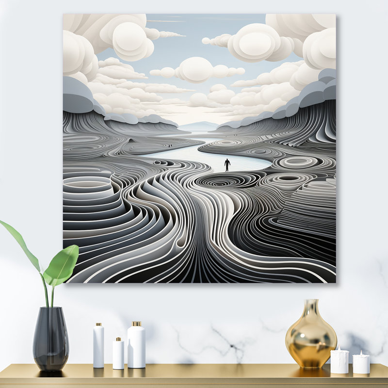 Blanc et noir, ligne abstraite paysage de montagne II - fruits, art mural en métal, H 16 po x l 16 po x P 1 po