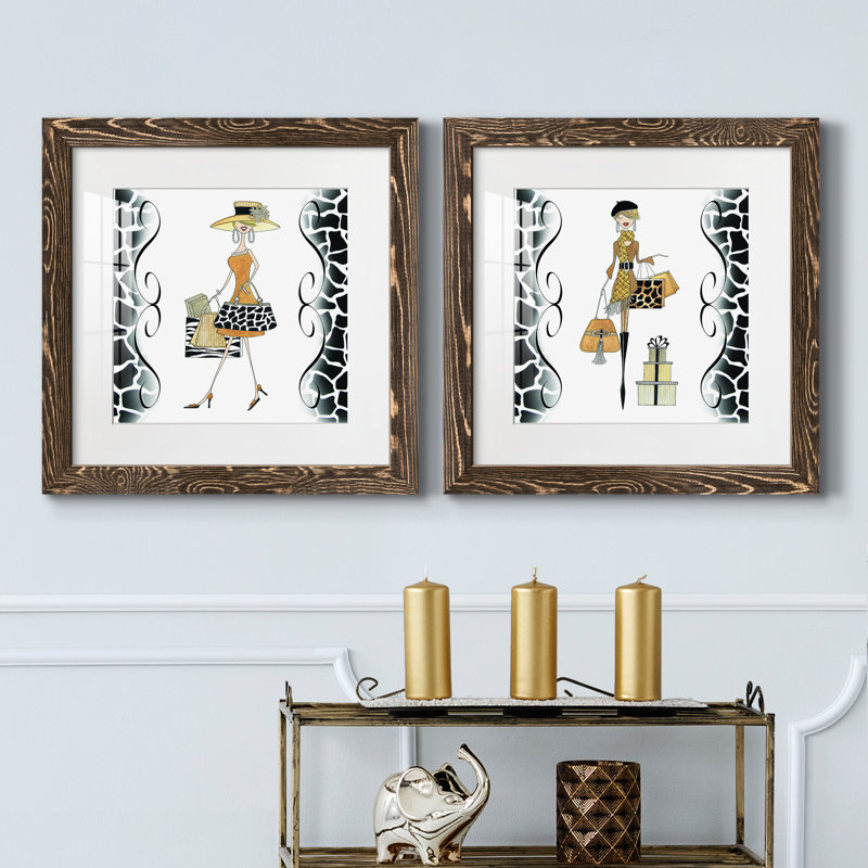 Swanky Shopper Gal - ensemble de 2 peintures encadrées, H 20 po x l 40 po x P 1,5 po, Encadré de bois de noyer