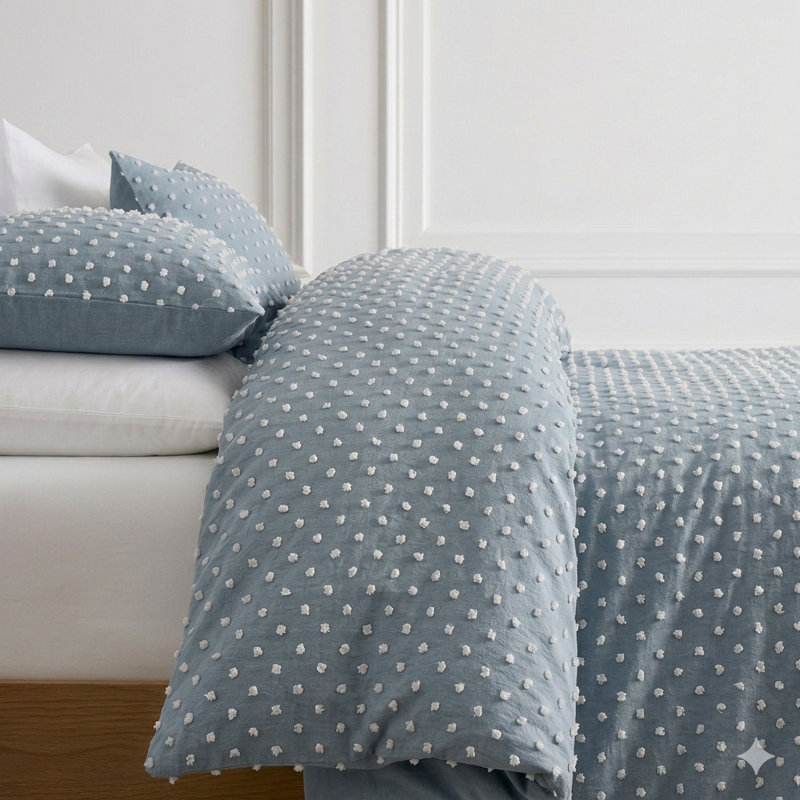 Ensemble de housse de couette brodée à pois Swift Home, Couette simple + 1 taie décorative standard, Bleu
