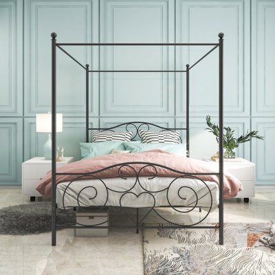 Metal Canopy Bed Frame With Vintage Style Headboard & Footboard , Easy DIY Assembly All Parts Included, Queen Black