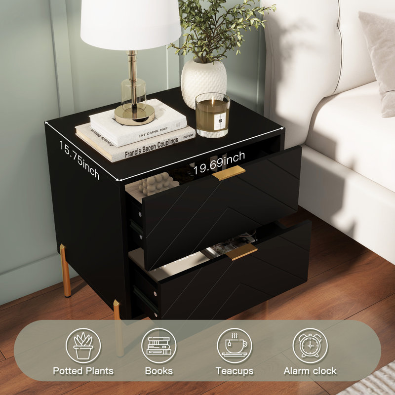 Ruthi Modern Manufactured Wood Nightstand with 2-Drawer, Black