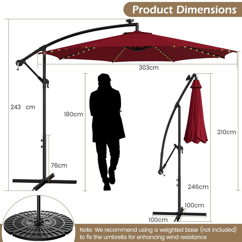 Chanie 119.29cm Lighted Cantilever Parasol, Red