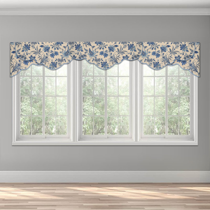 Gray and Beige Scalloped Rod Pocket Valance with Beaded Trim