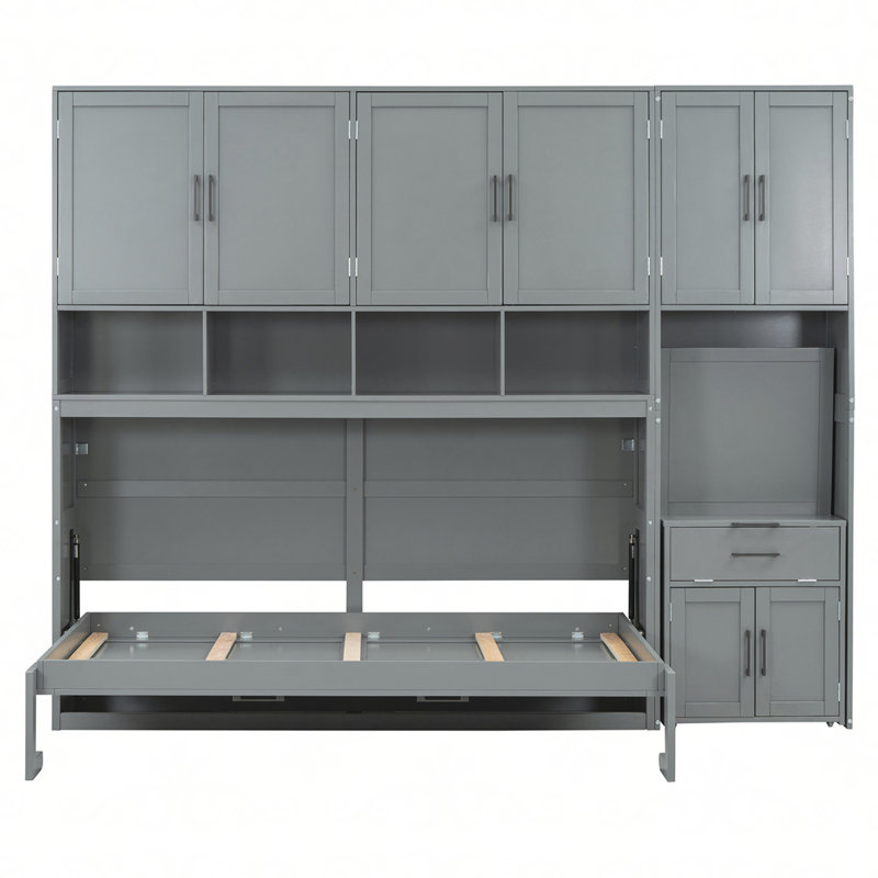 Lit escamotable simple avec placard, tiroirs et bureau, gris