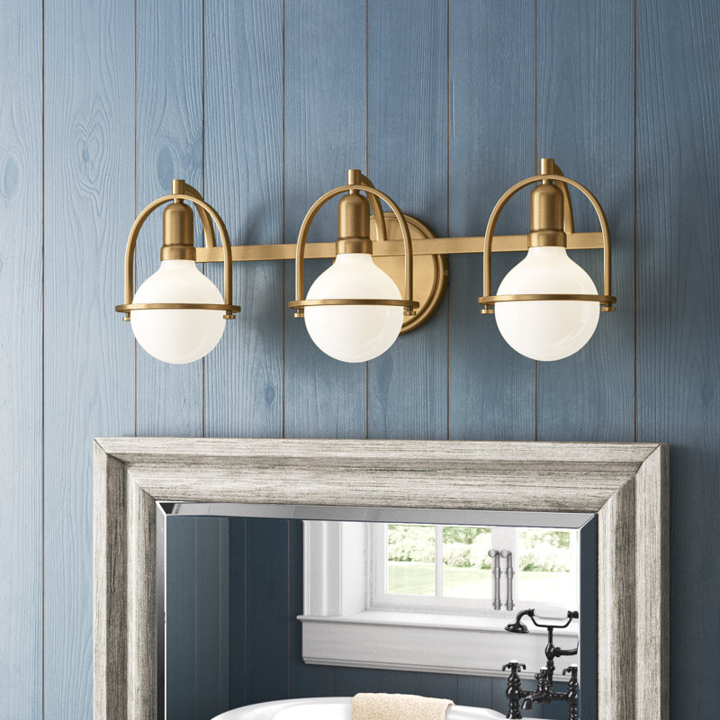 Damiana Bath Vanity Light - G40 Bulb in Photos (not included), Heritage Brass, 3 Lights, 9" H x 25" W x 7.5" D