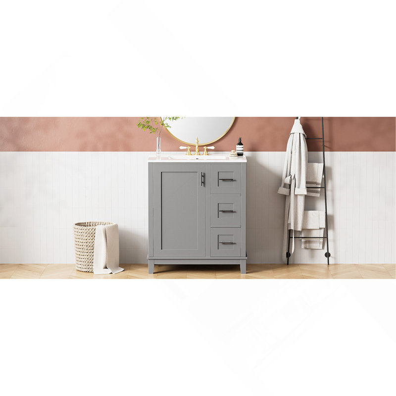 Meuble-lavabo de 30 pouces avec lavabo en céramique, structure en bois d'hévéa, panneaux de fibres à densité moyenne, une porte avec double support de rangement, 3 tiroirs (un divisé), charnières à fermeture en douceur et design minimaliste moderne