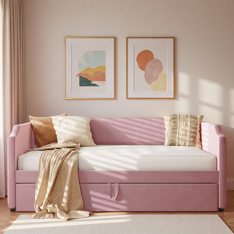 Lit de jour rembourré en velours avec lit gigogne et décoration cloutée, Rose