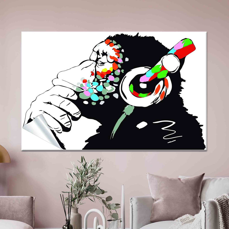 Élégant art sur toile de singe Banksy: graffiti gorille avec casque d'écoute, 1P encadrée noire, H: 11,9 po x l: 15,8 po