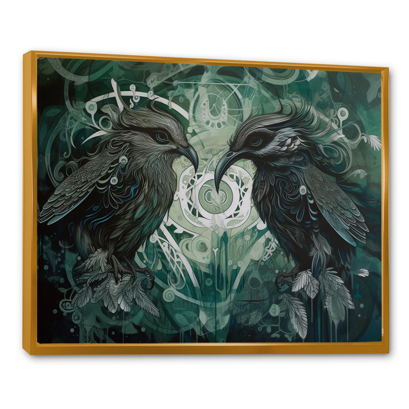 " Black Crow In Retro Green ", 24" H x 32" W x 1" D, Gold Floater Framed