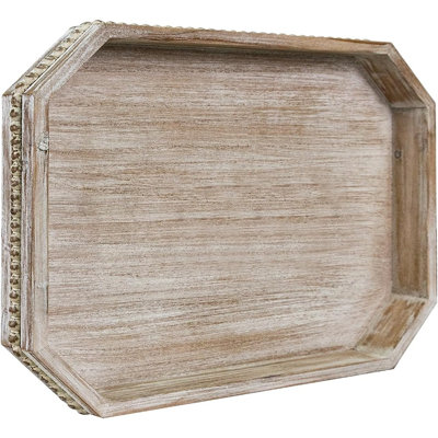 Wood Serving Tray, Farmhouse Wooden Coffee Table Tray, Octagonal Beaded Decorative Tray For Living Room And Kitchen, Washed White