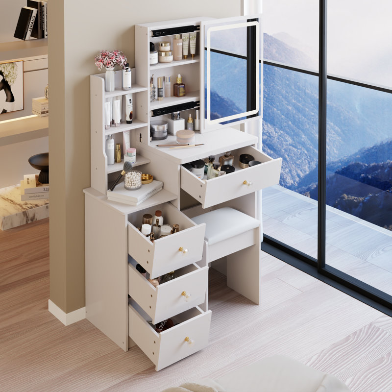 29.2" Small Size Left Bedside Cabinet LED Mirror Vanity Table + Cushioned Stool, Large Sliding, Touch Control, 3-Color Switch, Brightness Adjust Mirror, High Capacity Storage, EPA, GCC, UL Certificate