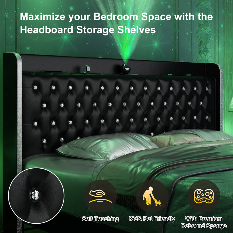 Modern Wingback Upholstered Platform Bed Frame With Galaxy Projector & USB Charging Port, LED Bed Frame With Adjustable Headboard, Easy Assembly, Heavy-Duty Steel Slat Support, No Box Spring Needed, Keyt