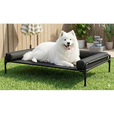 Lit surélevé d'extérieur pour chien, conception rafraîchissante pour chiens de grande taille, doté d'une barrière sur trois côtés, lit surélevé pour animaux avec filet et pieds antidérapants, peut servir de hamac pour chien avec coussin amovible, dimensi