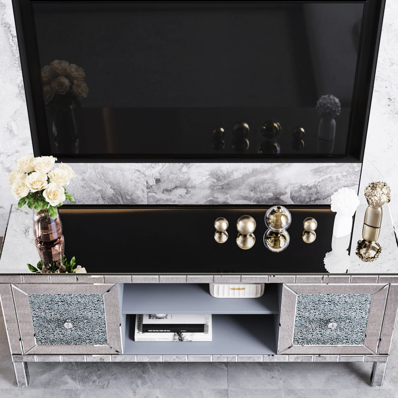 Meuble télé moderne de 60 pouces avec miroir, support de 65 pouces, portes d'armoire à motif diamant, rangement personnalisable pour meuble télé, design épuré, solution modulaire