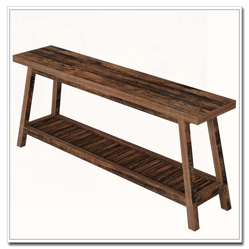 Farmhouse Two-Tier Console Table with Full Wood Durable Construction, Rustic Brown