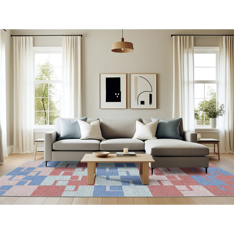 Tapis géométrique rouge / bleu marine, Rectangle 6 pi x 9 pi