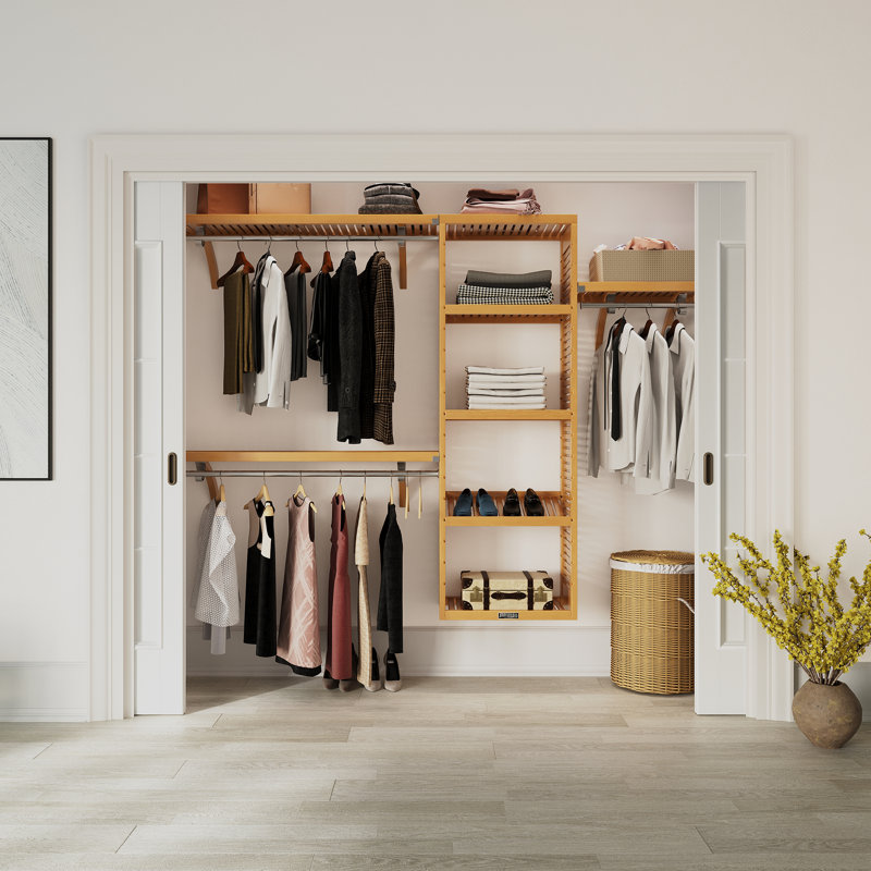 Honey Maple Solid Wood Closet Organizer System with Shelves & Hanging Rods