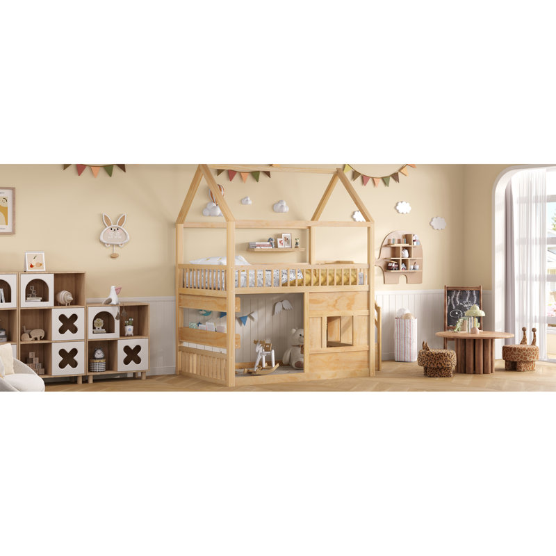 Lit de maison blanc en bois pleine grandeur avec éclairage à DEL doux, caractéristiques et tablette peu encombrante, garde-corps pour dormir