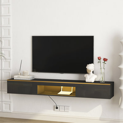 69" Floating Tv Stand With 16-color , Modern Entertainment Anchor Centre For 60-69 Inch Tvs, Black. Considerable Storage Room, Oblique Edge Banding Focus Plentiful Space, Construction Material