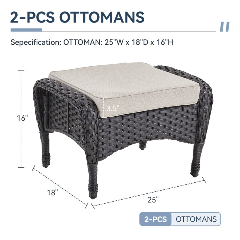 Repose-pieds d'extérieur en osier Arbor avec coussins moelleux pour l'extérieur - durable et résistant aux intempéries, Noir