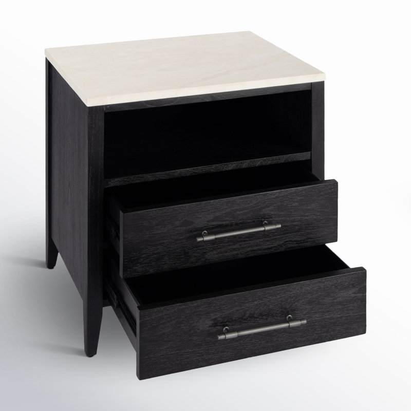 Mayfair 2 Drawer Wood and Marble Nightstand, Washed Black/Ivory