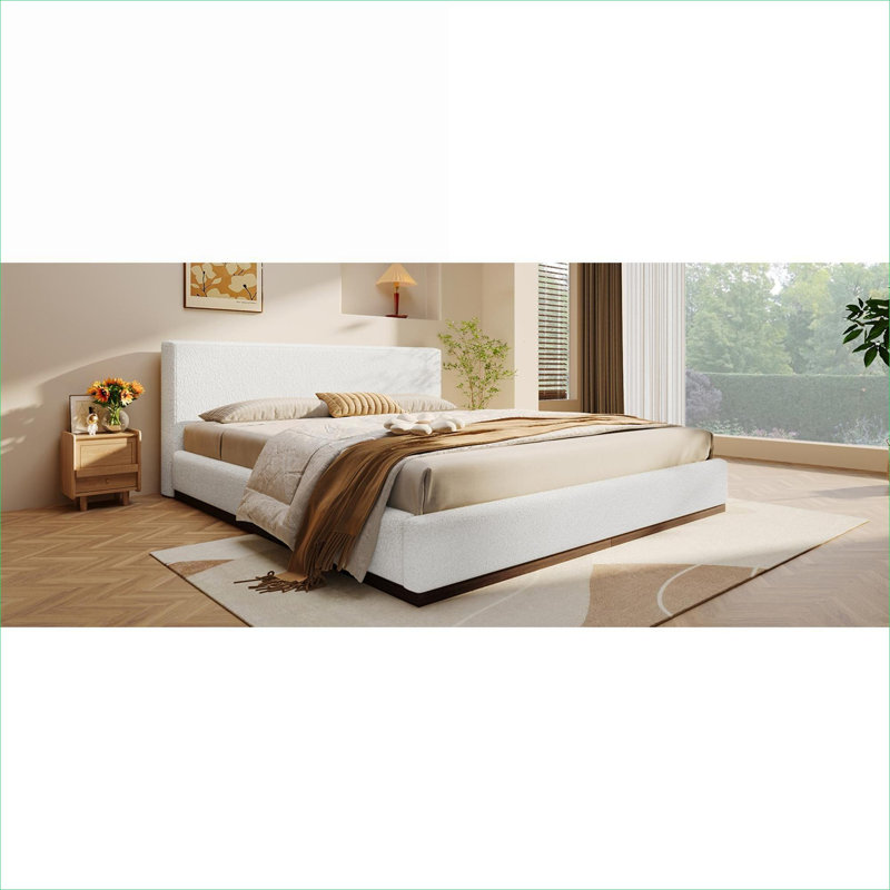 Base de lit rembourrée grand format polyvalente, base en bois massif robuste, revêtement en boucle douce, ton blanc, s'adapte à la plupart des agencements de chambre standard