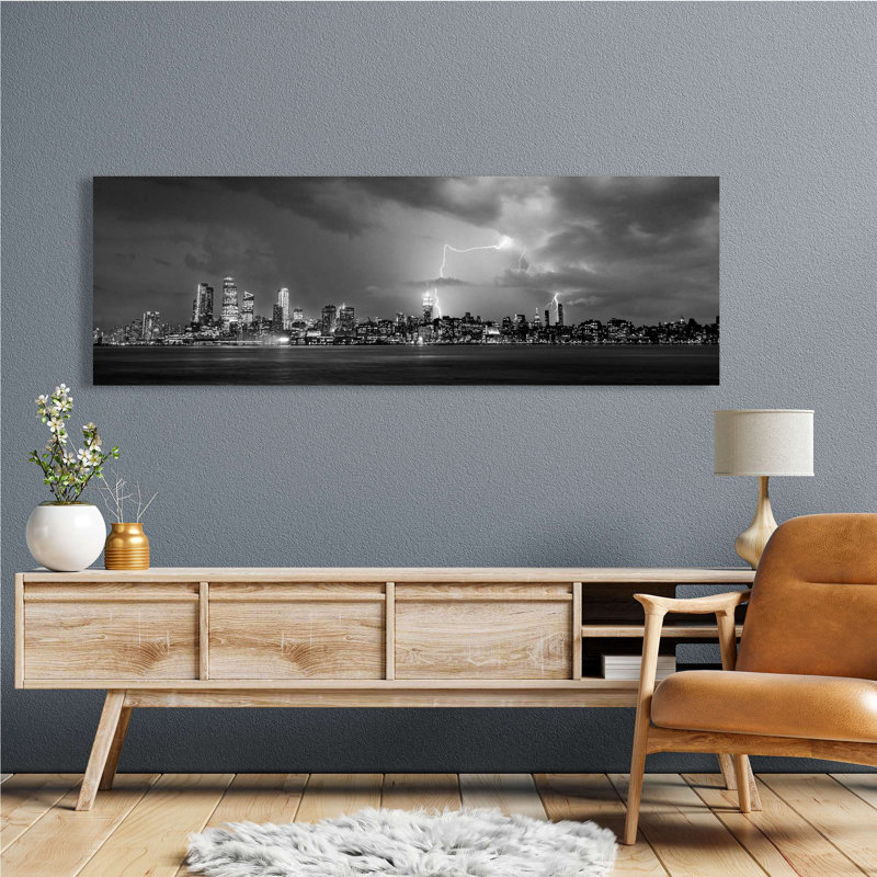 Storm Over New York City (B&W) - Wrapped Canvas Print, 40cm H x 120cm W x 4cm D