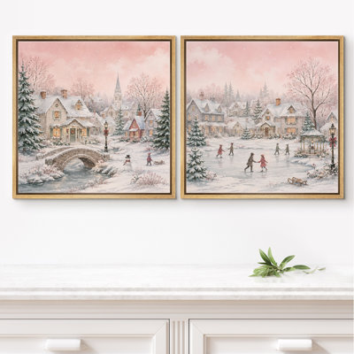 Doux village d'hiver rose avec maisons enneigées et scène de vacances, ensemble de 2 reproductions d'art sur toile encadrées