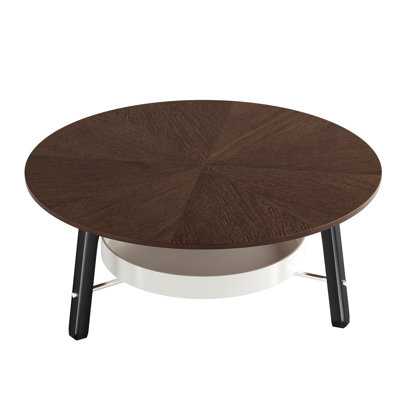 35.43" Round Walnut Coffee Table with Removable Storage Shelf, Modern Mid-Century Center Table with Sturdy Black Legs, Small Space Wooden Living Room