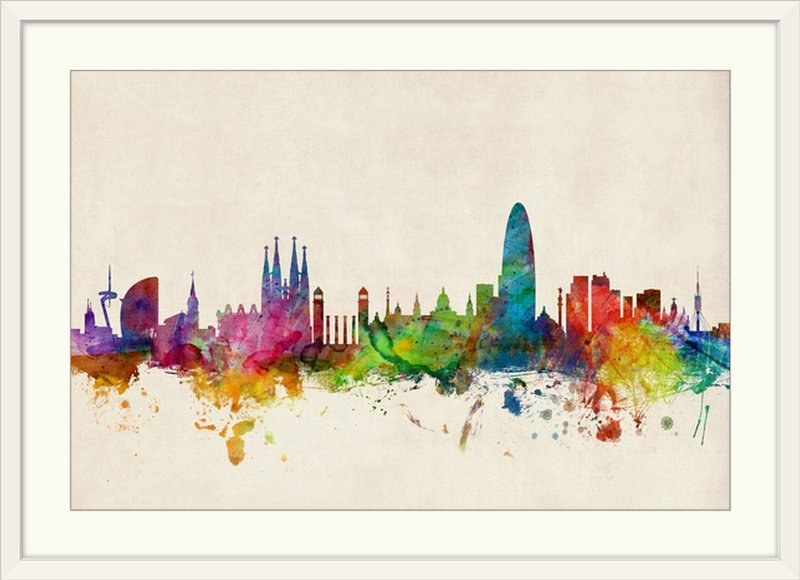 «Barcelona Espagne Skyline» par Francy, impression, H 24 po x l 32 po x P 1 po, Cadre blanc