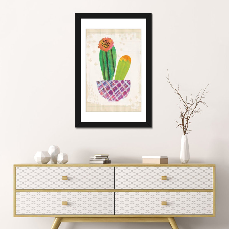 «Collage Cactus II.A», impression sur toile tendue, H 24 po x l 16 po x P 1 po, Papier d'art encadré noir, Blanc