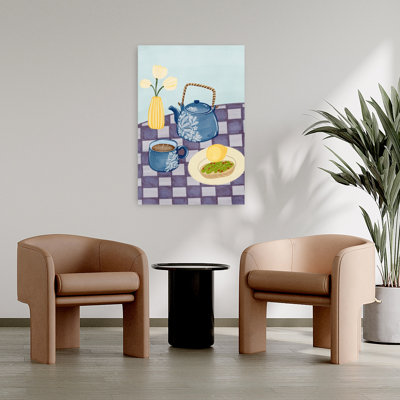 Art mural fleuri bleu, théière bleue