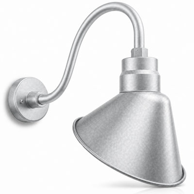 10in. Galvanized Finish Angle Shade Gooseneck Sign Light Fixture With 14.5 in. Long Extension Arm - Wall Sconce Farmhouse, Vintage, Antique - UL Listed - 9W 900lm A19 LED Bulb (5000K Cool White)