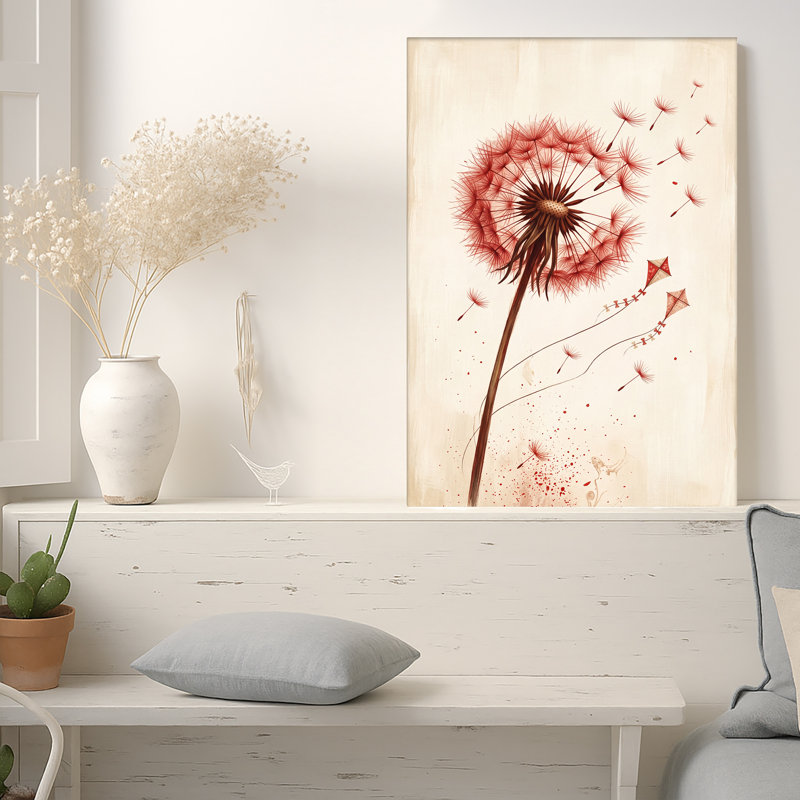 Art sur toile, tête de pissenlit rouge avec cerfs-volants et graines, H 36 po x l 24 po
