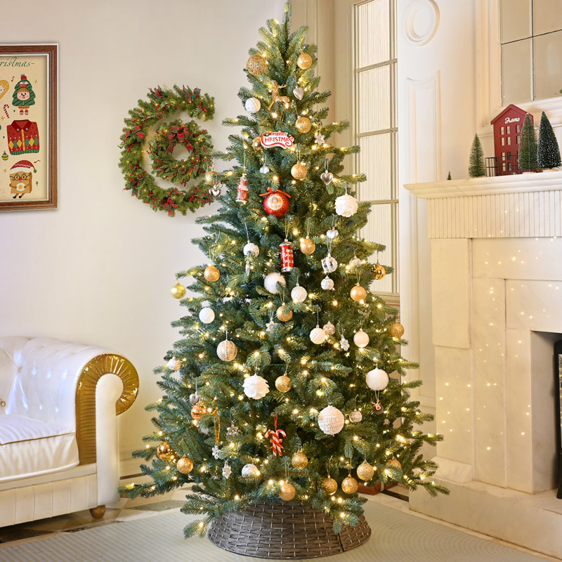 Arbre de Noël artificiel pré-éclairé avec embouts de branches mixtes en PE et PVC, lumières blanc chaud, charnières de qualité supérieure