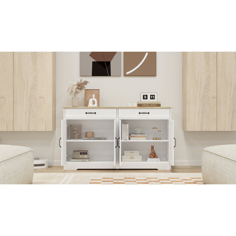 Grand buffet blanc de 54,37 po. 2 tiroirs, 4 portes pour la salle à manger et le salon. Buffet blanc avec finition grain de bois, portes de tiroir de 54,37 po. Multifonctionnel. Fabrication stable et sécuritaire